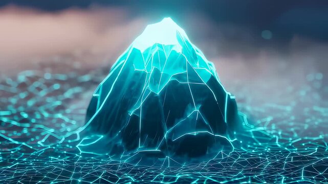 Glowing Geometric Mountain with Neon Blue Lines and Soft Cloudy Background