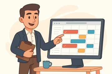 Project manager businessman planning business schedule calendar software computer monitor. Professional male person organizing tasks workflow. Vector cartoon illustration