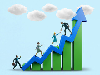 Career Growth Through Teamwork: Professionals Climbing Green Bars Toward Success