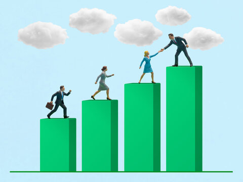 Career Growth Through Teamwork: Professionals Climbing Green Bars Toward Success