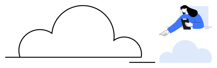 Woman holds tablet and gestures near a large cloud outline, symbolizing digital communication, cloud computing. Ideal for technology, remote work, storage, innovation, creativity, online tools