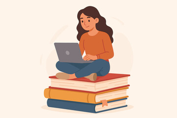 Female student studying online education with laptop computer sitting on stack of books. Young woman learning digital academic knowledge concept vector cartoon illustration