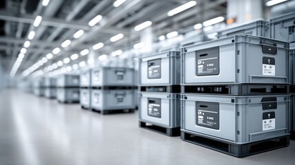 Stacked gray storage containers in a spacious warehouse with bright overhead lights, showcasing organized inventory management and efficient logistics operations