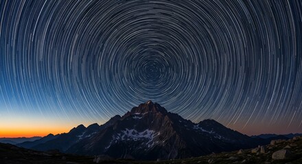 Circular star trails above rugged mountain peaks at twilight