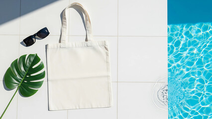 White Tote Bag by the Pool with Sunglasses