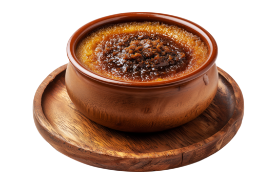 Indian baked rice pudding cornmeal dessert topped with caramelized sugar, spices and molasses isolated on white background