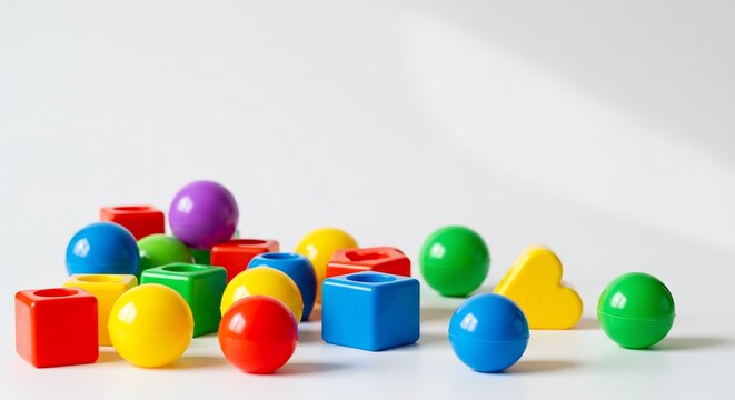 Jouets color�s �clatants lumi�re douce fond blanc. AI Generated