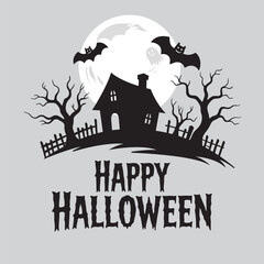 Spooky Halloween night with haunted house pumpkins and bats