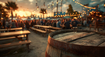 Wooden beer barrel in outdoor beer garden with people enjoying social gathering at sunset