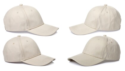 Four White Baseball Caps Arranged on White Background for Casual Fashion