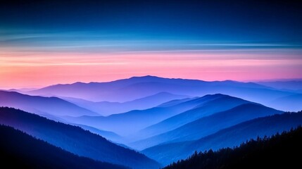 Tranquil Mountain Landscape at Sunset Majestic Peaks Shrouded in Mist and Soft Purple Hues