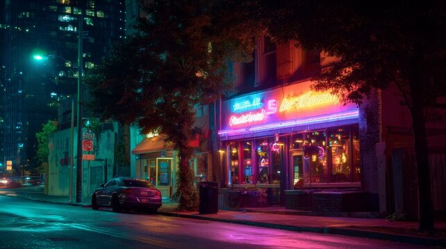 Urban Nightlife Neon. Neon-lit street photography capturing nightlife and city vibrance, blending moody aesthetics with a bold color palette.