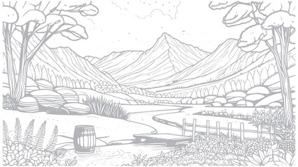 Fototapeta premium Scenic Lake and Mountain Landscape Sketch Hand-drawn
