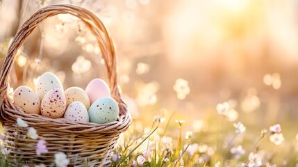Wicker Basket Filled with Pastel Easter Eggs on Spring Meadow perfect for Easter event promotions, seasonal greeting cards, religious celebration ads, holiday blog headers and festive invitations
