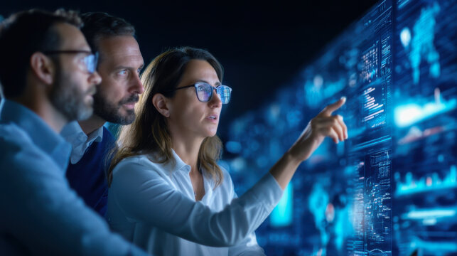 Three professionals analyze data on digital screens, discussing insights in a high-tech environment, emphasizing collaboration and technology.
