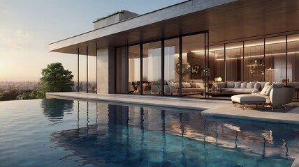 Obraz premium High-end penthouse terrace with glass walls, infinity pool, and luxury lounge, 3D render
