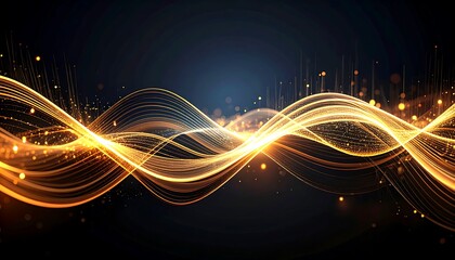 Abstract Golden Light Waves on Dark Background for Technology and Innovation