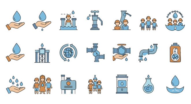 Global water sustainability icon set flat vector
