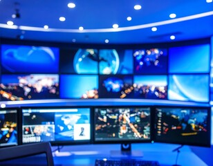 Blurred view of a control room with multiple screens displaying various data and maps