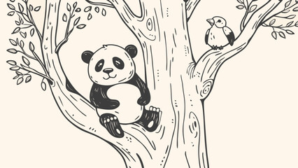 A panda sitting in a tree next to a bird with leaves around them in a hand drawn cartoon style