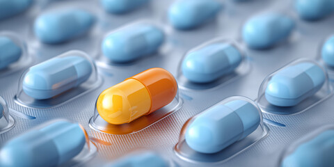 Blister pack of pills features prominently, with one orange capsule standing out among blue ones, symbolizing uniqueness and choice in medication