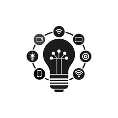 Smart home technology concept with light bulb and connected devices isolated on a white background