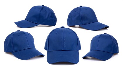 Blue Baseball Caps Set in Row on White Background