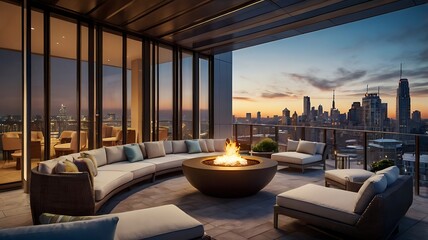 High-rise terrace lounge with modern fire pit and skyline views, sleek 3D visualization