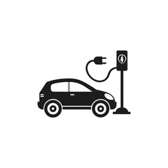 Electric car charging station with vehicle isolated on white background
