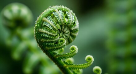 Close-up of a vibrant green unfurling fern frond covered in sparkling water droplets