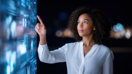 Naklejka premium A woman interacts with a digital interface, showcasing technology and innovation against a dark backdrop.