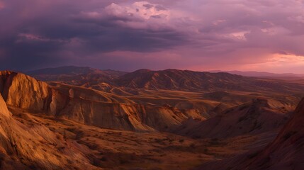 Fototapeta premium Wide panoramic shot of desert hills under dramatic sunset sky