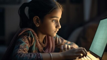 Girl focused on learning from laptop in cozy room with warm lighting. Quiet study environment fosters concentration. Concept of education, home learning, online classes