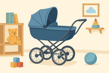 Nursery room with blue baby pram, teddy bear, and toys. Concept for newborn boy. Childhood interior background. Vector cartoon illustration for baby shower greeting.