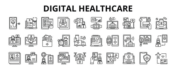 30 Digital Healthcare Line Icons Vector - medical app, medicine, digital, patient, hospital, emergency call