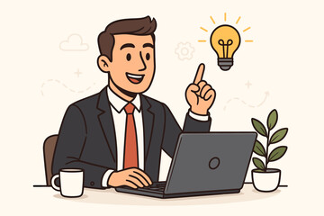 Businessman with a laptop gets a new idea. Concept for innovation, creative thinking, problem-solving, and productivity. Business solution, startup insight, success strategy.