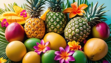 Colorful tropical fruits and flowers arranged together.