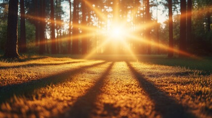 Nature s Golden Hour A Sunburst Radiates Through the Forest, Creating Beautiful Light and Shadows