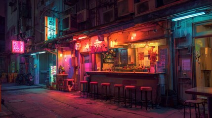 Urban Nightlife Neon. Neon-lit street photography capturing nightlife and city vibrance, blending moody aesthetics with a bold color palette.