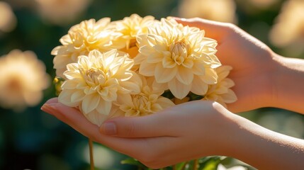 A tender moment as hands carefully cradle a bouquet of pale yellow dahlias in the warm sunlight Soft © LensDreamer
