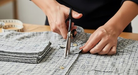 Creative designer cutting fabric with scissors for fashion design in studio, crafting elegant handmade clothing