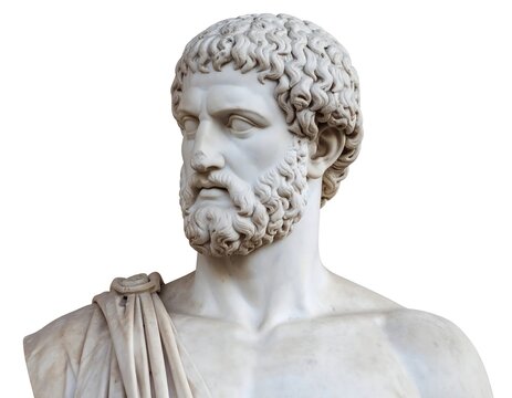 Close-up of a classical marble bust, depicting a bearded man with curly hair, draped in fabric