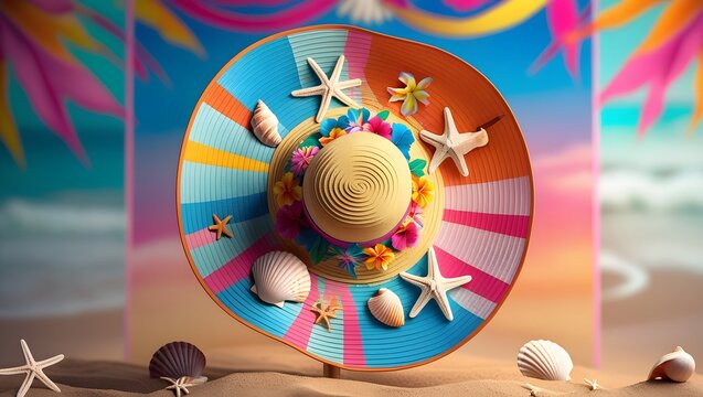 Colorful summer vacation concept with a decorative straw sunhat adorned with beautiful starfish and seashells on a sun-drenched paradise beach with a vibrant sky