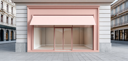 Minimalist modern storefront with pink awning, featuring large glass windows and clean, empty interior. design exudes elegance and simplicity