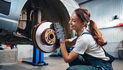 Female mechanic inspecting car brake disc in auto repair shop