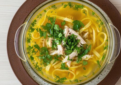 Polish rosol a traditional chicken noodle soup with fresh parsley in a glass bowl for dinner