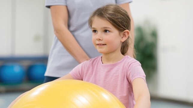 Physical therapy for children. A girl receiving physiotherapy in a children's therapy center. A kid is doing exercises on a gymnastic ball with physiotherapists for scoliosis prevention and treatment - Powered by Adobe