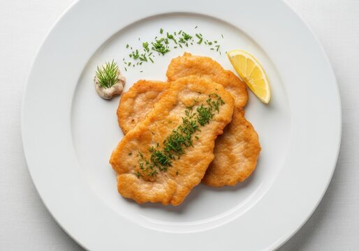 Polish veal escalopes with lemon and dill on a white plate in an elegant restaurant setting