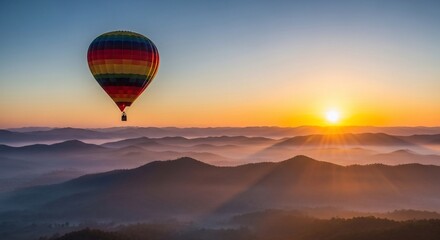 Colorful Hot Air Balloon Soaring Over Misty Mountains at Sunrise