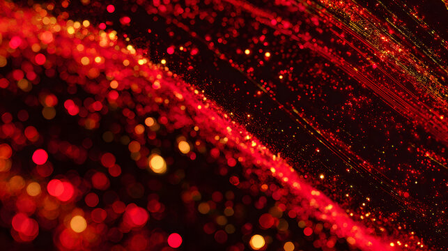 Abstract background with bold red glitch, gold glitter trails, and festive bokeh effects